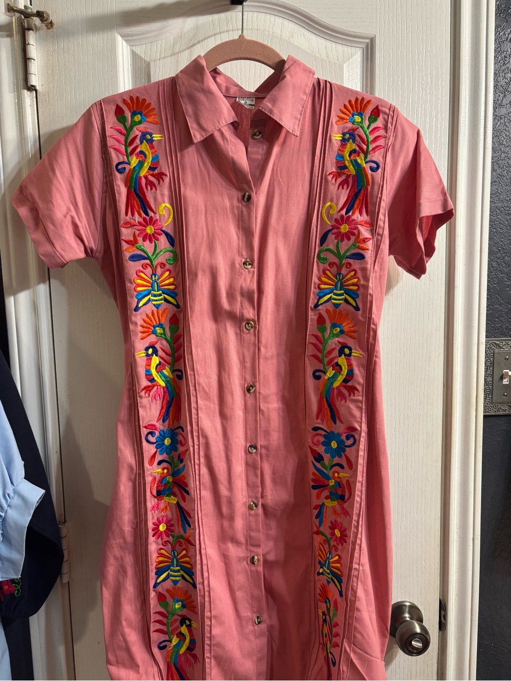 Pink Embroidered Button-Front Dress